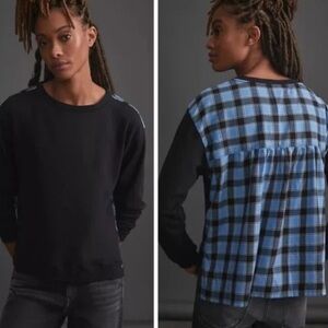 ANTHROPOLOGIE PILCRO WOMENS BLACK/BLUE PLAID FLANNEL PULLOVER SWEATSHIRT XS